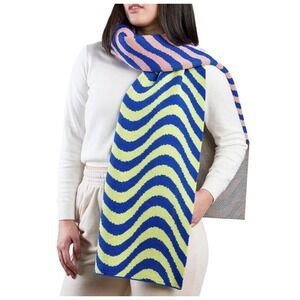 Striped Wave Knit Scarf in Blue & Lime by
